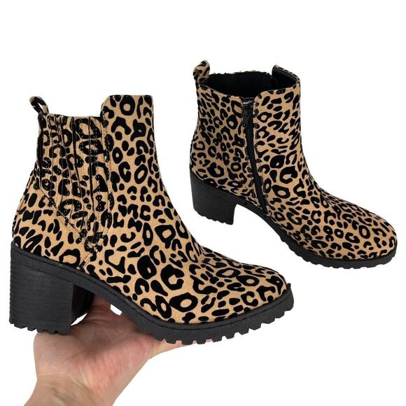 Qupid Cheetah Ankle Boots Bootie Animal Print Size 8 Black Tan Chunky Block Heel - Picture 13 of 13